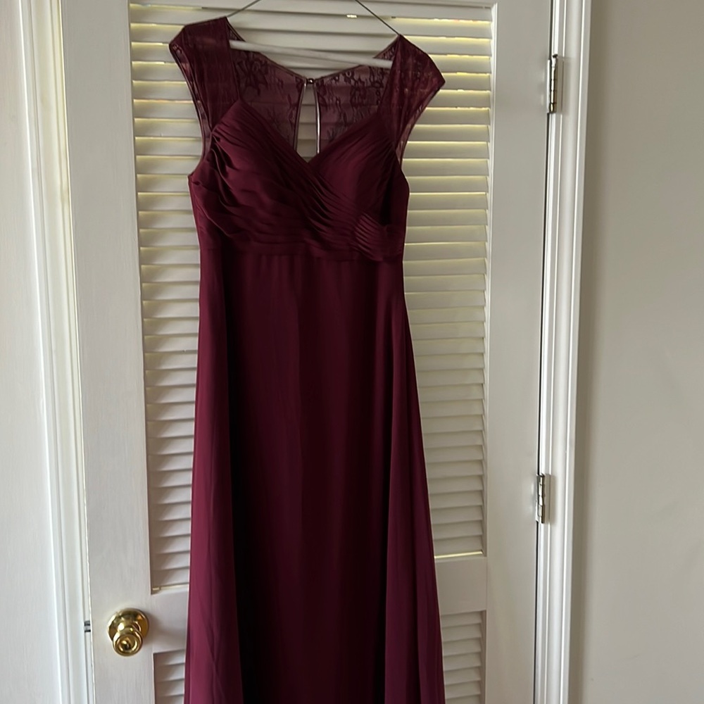 Azazie Merlot full length chiffon gown with lace cap sleeves